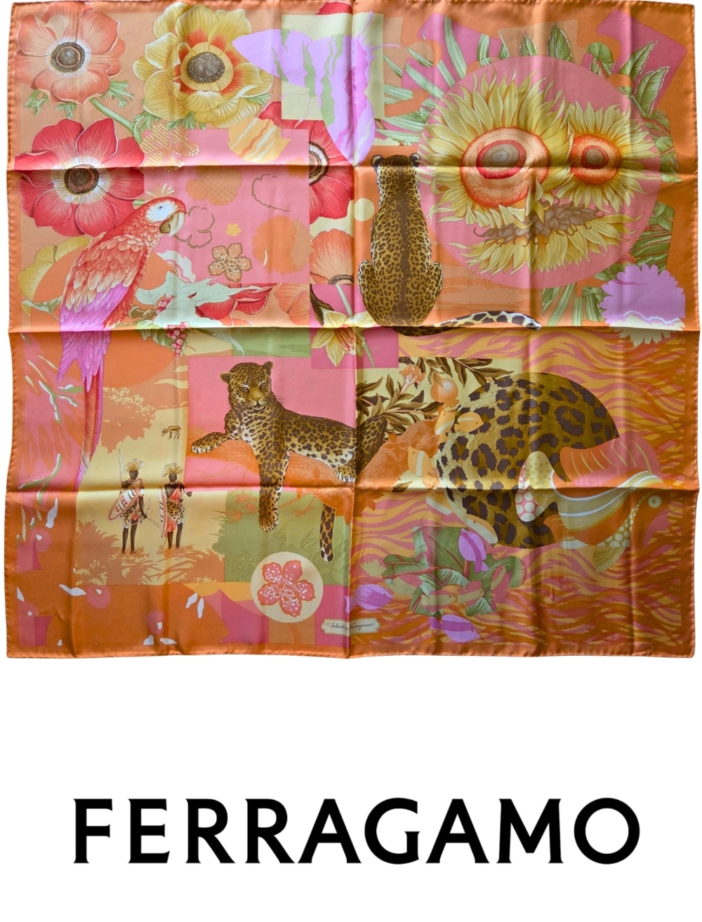 Salvatore Ferragamo MINT Safari & Botanical Leopard Print 1980s Vintage Scarf